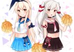 2girls abstract_background amatsukaze_(kantai_collection) anchor animal_ears arm_at_side arm_behind_back arm_wrap bandanna black_choker blonde_hair blue_bow blue_neckwear blue_sailor_collar blue_skirt bow breasts brown_eyes brown_shirt brown_skirt cheerleader choker closed_mouth collarbone commentary cowboy_shot eyebrows_visible_through_hair fake_animal_ears fang frown green_eyes hair_ribbon hairband half-shirt hand_up headset highres holding kantai_collection kawagami_raito lifebuoy long_hair looking_at_viewer medium_breasts microphone midriff multiple_girls navel neckerchief open_mouth pink_neckwear pleated_skirt pom_poms red_bow ribbon sailor sailor_collar shimakaze_(kantai_collection) shirt sidelocks skirt sleeveless sleeveless_shirt smile two_side_up very_long_hair white_background white_hair white_sailor_collar white_shirt 