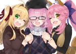  3girls ;d absurdres ahoge alternate_costume animal_ears beret black_hat black_shirt blonde_hair blush bow breasts brown_eyes buttons casual eyebrows_visible_through_hair eyes_visible_through_hair fang fate/grand_order fate_(series) fox_ears fox_tail frills girl_sandwich green_eyes hair_bow hair_intakes hair_over_eyes hair_ribbon hand_holding hat highres interlocked_fingers kou_mashiro large_breasts long_hair long_sleeves mash_kyrielight multiple_girls nail_polish nero_claudius_(fate) nero_claudius_(fate)_(all) one_eye_closed open_mouth pink_hair pink_nails ponytail purple_bow red_ribbon ribbon round_teeth sandwiched shiny shiny_hair shirt signature simple_background smile tail tamamo_(fate)_(all) tamamo_no_mae_(fate) tareme teeth twintails upper_body violet_eyes white_background 