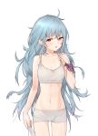  1girl absurdres arm_at_side blue_hair boxer_briefs bra cowboy_shot facing_away fpanda g11_(girls_frontline) girls_frontline grey_bra grey_panties hand_up highres long_hair long_sleeves messy_hair midriff navel orange_eyes panties parted_lips simple_background solo sports_bra underwear underwear_only very_long_hair white_background 