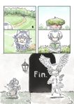  2girls bag comic forest grey_wolf_(kemono_friends) head_wings highres kemono_friends multiple_girls murakami_rei nature northern_white-faced_owl_(kemono_friends) outdoors silent_comic tree younger 