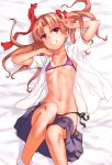  1girl :d arms_up bangs bare_legs bed_sheet bikini black_skirt blush body_blush breasts breasts_apart brown_eyes brown_hair clothes_removed eyebrows_visible_through_hair from_above hair_ribbon knees_up looking_at_viewer lying navel on_back on_bed open_clothes open_mouth open_shirt parted_bangs pink_bikini raika9 red_ribbon ribbon shirai_kuroko shirt side-tie_bikini skirt skirt_pull small_breasts smile solo swimsuit tan teeth thigh-highs to_aru_kagaku_no_railgun to_aru_majutsu_no_index twintails white_legwear white_shirt 
