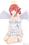  1girl :3 alternate_costume angel_wings bare_shoulders blush bow breasts cleavage cross_hair_ornament dress fang feathered_wings frilled_dress frills full_body gabriel_dropout hair_ornament hair_rings halo high_heels highres kneeling kurumizawa_satanichia_mcdowell long_hair looking_at_viewer medium_breasts nyaroon off-shoulder_dress off_shoulder open_mouth puffy_short_sleeves puffy_sleeves redhead short_dress short_sleeves solo twitter_username violet_eyes white_background white_bow white_dress white_footwear white_wings wings 