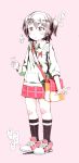  1girl bag brown_eyes brown_hair earphones full_body gomennasai hair_tie handbag motion_lines open_mouth original pink_background plaid plaid_skirt shoes skirt sneakers solo twintails 