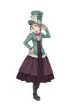  1girl adjusting_clothes adjusting_hat alice_in_wonderland ange_(princess_principal) black_footwear blue_eyes boots bow bowtie braid brown_footwear cosplay cross-laced_clothes cross-laced_footwear dress full_body green_hat grey_hair hand_on_hip hat highres long_sleeves looking_at_viewer mad_hatter mad_hatter_(cosplay) official_art pantyhose princess_principal princess_principal_game_of_mission shoes short_hair skirt smile solo standing top_hat 