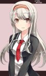  1girl :d blazer brown_eyes hairband hebitsukai-san highres jacket kantai_collection long_hair looking_at_viewer necktie open_mouth school_uniform shoukaku_(kantai_collection) silver_hair smile solo v_arms 