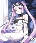  1girl aniki_(chaji1129) bare_shoulders choker dress fate/hollow_ataraxia fate_(series) frills hairband highres jewelry lolita_hairband long_hair looking_at_viewer purple_hair ring sitting smile solo stheno strapless strapless_dress twintails very_long_hair violet_eyes white_dress 