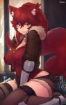  1girl absurdres animal_ears black_legwear boots breasts cleavage erect_nipples grey_eyes grin highres large_breasts long_hair looking_at_viewer original poker_chip redhead shorts sitting smile solo tail thigh-highs thigh_boots unsomnus wariza wolf_ears wolf_tail 