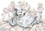  5girls assam birthday birthday_cake blonde_hair blue_eyes blush bow box braid brown_hair cake closed_eyes colored_pencil_(medium) cup darjeeling dated food gift gift_box girls_und_panzer ground_vehicle hair_bow happy_birthday kubota_shinji motor_vehicle motorcycle multiple_girls orange_pekoe pleated_skirt redhead road rosehip rukuriri short_hair sidecar signature single_braid skirt street tea teacup teapot traditional_media tray tripping uniform 