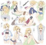  1girl absurdres alternate_hairstyle bare_shoulders barefoot black_panties blonde_hair blue_towel bowl breasts brushing_teeth cat cup drying drying_hair fate/apocrypha fate_(series) faucet green_eyes grey_towel hair_down hair_dryer hand_on_own_stomach highres jacket jewelry lying milk milk_carton mordred_(fate) mordred_(fate)_(all) mug naked_towel navel necklace on_stomach open_clothes open_fly open_jacket open_shirt open_track_jacket panties pet_bowl red_panties rubbing_eyes shirt shorts sleep_mask slippers speech_bubble spoken_squiggle sports_bra squiggle toilet_paper toilet_use tonee topless towel towel_around_neck track_jacket underwear waking_up white_shirt 