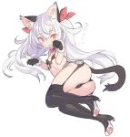  1girl animal_ears ass azur_lane black_bikini_top black_gloves black_legwear blade_(galaxist) boots bow breasts bright_pupils cat_ears cat_tail fang front-tie_bikini front-tie_top full_body garter_straps gloves hair_between_eyes high_heel_boots high_heels kemonomimi_mode long_hair looking_at_viewer lying on_side open_mouth orange_eyes paw_pose paw_print pointy_ears silver_hair simple_background small_breasts smile solo tail thigh-highs thigh_boots twintails vampire_(azur_lane) very_long_hair white_background 