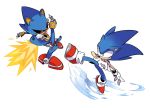  1boy artist_request exhaust fighting kicking male_focus metal_sonic robot simple_background sonic sonic_the_hedgehog white_background 