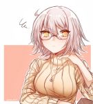  1girl adjusting_clothes ahoge alternate_costume bespectacled blush breasts casual closed_mouth fate/apocrypha fate_(series) glasses hair_between_eyes jeanne_d&#039;arc_(alter)_(fate) jeanne_d&#039;arc_(fate)_(all) jewelry long_sleeves looking_at_viewer medium_breasts necklace pendant ribbed_sweater rimless_eyewear short_hair silver_hair solo squiggle sweater twitter_username two-tone_background upper_body yellow_eyes yellow_sweater yukari__(bryleluansing) 