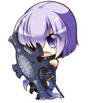  1girl :o chibi commentary_request fate/grand_order fate_(series) looking_at_viewer mash_kyrielight open_mouth purple_hair shachoo. shield short_hair simple_background solo sword v-shaped_eyebrows violet_eyes weapon white_background 