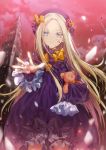  1girl abigail_williams_(fate/grand_order) beret blonde_hair blood blood_on_face blue_eyes blurry bow building butterfly clouds cowboy_shot dangmill depth_of_field dress fate/grand_order fate_(series) frilled_dress frilled_sleeves frills glass_shards hair_bow hat holding holding_stuffed_animal lolita_fashion long_hair long_sleeves looking_at_viewer outdoors outstretched_arm polka_dot polka_dot_bow red_sky sky sleeves_past_wrists solo stuffed_animal stuffed_toy teddy_bear too_many_bows very_long_hair 