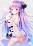  1girl ass azur_lane bangs bare_shoulders black_bow black_ribbon blush bow closed_mouth commentary_request detached_sleeves dress from_side grey_background hair_bun hair_ribbon highres long_hair looking_at_viewer looking_to_the_side object_hug one_side_up purple_hair ribbon side_bun simple_background solo strapless strapless_dress stuffed_animal stuffed_toy stuffed_unicorn tamakinoki thigh-highs unicorn_(azur_lane) very_long_hair violet_eyes white_dress white_legwear 