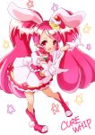  1girl absurdres bow bunny_tail cake_hair_ornament character_name choker cure_whip dress extra_ears food_themed_hair_ornament full_body gloves hair_ornament hairband highres kirakira_precure_a_la_mode long_hair magical_girl pink_bow pink_footwear pink_hair pink_hairband pink_neckwear precure red_eyes shoes simple_background smile solo soraryu_saworu star tail twintails usami_ichika v white_background white_dress white_gloves 