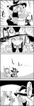  4koma ? apron arms_up bow clenched_hands comic commentary_request crescent emphasis_lines greyscale hair_bow hands_together hat hat_bow highres kirisame_marisa long_hair mob_cap monochrome own_hands_together patchouli_knowledge short_sleeves smile tani_takeshi touhou translation_request witch_hat yukkuri_shiteitte_ne 