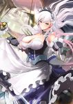  1girl absurdres apron azur_lane belfast_(azur_lane) blue_eyes braid breasts cleavage collar commentary_request eyebrows_visible_through_hair french_braid highres large_breasts long_hair looking_at_viewer maid_headdress oretoreon skirt_hold smile solo underbust v-shaped_eyebrows vambraces waist_apron white_hair 