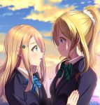  2girls ayase_arisa ayase_eli blazer blonde_hair blue_eyes blue_neckwear commentary_request crying eye_contact green_neckwear hair_ornament hairclip jacket long_hair long_sleeves looking_at_another love_live! love_live!_school_idol_project mad_(hazukiken) multiple_girls open_mouth otonokizaka_school_uniform ponytail scrunchie siblings sisters smile striped_neckwear tears upper_body 