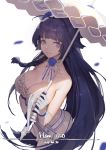  1girl 2017 artist_name bare_shoulders black_hair blue_rose blush breasts character_request choker cleavage collarbone dated dress elbow_gloves flower gloves han-0v0 holding large_breasts long_hair petals ribbon_choker rose simple_background solo umbrella violet_eyes white_background white_dress white_gloves 