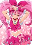  1girl ;) arms_up blue_eyes crop_top cure_melody floating_hair fuchi_(nightmare) hair_ribbon hairband head_tilt houjou_hibiki layered_skirt long_hair magical_girl midriff one_eye_closed pink_hair precure red_ribbon ribbon shiny shiny_skin sleeveless smile solo standing stomach suite_precure twintails very_long_hair white_hairband wrist_cuffs 