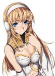  1girl bangs blonde_hair blue_eyes blush breasts cleavage closed_mouth detached_sleeves earmuffs eyebrows_visible_through_hair hairband hand_up highres ivlish_(star_ocean) large_breasts long_hair looking_at_viewer navel sblack simple_background smile solo star_ocean star_ocean_anamnesis upper_body white_background 