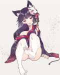  1girl :d animal_ears arm_support azur_lane bangs black_hair black_kimono blush breasts cat_ears collarbone detached_sleeves eyebrows_visible_through_hair fang feet fox_mask hair_ornament head_tilt japanese_clothes kimono large_breasts long_sleeves looking_at_viewer mask mask_on_head no_shoes open_mouth panties pantyshot pantyshot_(sitting) print_kimono red_eyes short_hair sitting smile soles solo thigh-highs tsuka underwear white_legwear white_panties wide_sleeves yamashiro_(azur_lane) 