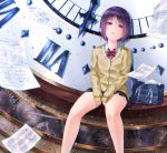  1girl black_eyes black_hair cardigan clock clockwork looking_at_viewer open_mouth original paper school_uniform short_hair sitting solo test yamaishi_nohi 