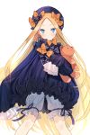  1girl bangs beret blonde_hair blue_dress blue_eyes blush bow butterfly closed_mouth commentary_request dress fate/grand_order fate_(series) hair_bow hands_in_sleeves hat ice_(ice_aptx) long_hair long_sleeves looking_to_the_side object_hug orange_bow parted_bangs polka_dot polka_dot_bow purple_bow purple_hat simple_background solo stuffed_animal stuffed_toy teddy_bear very_long_hair white_background white_bloomers 