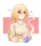  1girl alternate_costume bangs blonde_hair blush braid breasts casual closed_mouth coffee_mug cup eyebrows_visible_through_hair fate/apocrypha fate_(series) hair_between_eyes heart holding holding_cup jeanne_d&#039;arc_(fate) jeanne_d&#039;arc_(fate)_(all) large_breasts long_hair long_sleeves looking_at_viewer medium_breasts ribbed_sweater single_braid smile solo steam sweater turtleneck turtleneck_sweater twitter_username two-tone_background upper_body violet_eyes yellow_sweater yukari__(bryleluansing) 