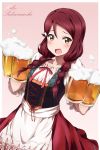  1girl :o alcohol alternate_costume apron beer beer_mug blush braid brown_eyes character_name collarbone dirndl dress drink floral_print frilled_shirt frills german_clothes gradient gradient_background hair_ornament hairclip highres long_hair looking_at_viewer love_live! love_live!_sunshine!! open_mouth pink_background red_dress red_ribbon ribbon sakurauchi_riko shiimai shirt short_sleeves solo tareme twin_braids waist_apron white_apron white_shirt 