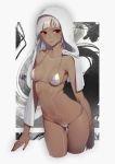  1girl absurdres altera_(fate) arm_at_side bikini breasts closed_mouth cowboy_shot cropped_legs dark_skin expressionless fate/grand_order fate_(series) gluteal_fold halterneck highres looking_at_viewer medium_hair nail_polish navel quuni red_eyes shiny shiny_clothes silver_bikini silver_hair small_breasts solo string_bikini swimsuit thighs towel towel_on_head tsurime 