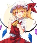  1girl :d ascot bangs blonde_hair blush bow cowboy_shot eyebrows_visible_through_hair flandre_scarlet hand_up hat kasuka_(kusuki) light_bulb long_hair looking_at_viewer mob_cap multicolored multicolored_background open_mouth red_bow red_eyes red_skirt short_sleeves side_ponytail skirt skirt_set smile solo touhou two-tone_background white_hat 