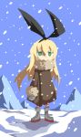  1girl alternate_costume blonde_hair coat fur_collar green_eyes hairband kantai_collection looking_at_viewer mittens setz shimakaze_(kantai_collection) snowing solo striped striped_legwear winter_clothes winter_coat 