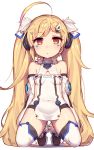  1girl ahoge azur_lane bangs bare_shoulders blank_stare blonde_hair blunt_bangs breasts covered_navel detached_sleeves eldridge_(azur_lane) expressionless eyebrows_visible_through_hair facial_mark full_body fur_trim hair_ornament hairpin highres jitome kneeling long_hair looking_at_viewer parted_lips red_eyes shoes simple_background small_breasts solo thigh-highs thighhighs tied_hair twintails two_side_up very_long_hair wagashi928 white_background white_legwear 