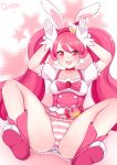  1girl :d absurdres animal_ears bow bunny_pose cake_hair_ornament choker collarbone cure_whip food_themed_hair_ornament full_body gloves hair_ornament hairband highres kirakira_precure_a_la_mode long_hair looking_at_viewer magical_girl open_mouth panties pink_bow pink_eyes pink_footwear pink_hair pink_neckwear precure rabbit_ears red_hairband shoes signature sitting skirt smile solo spread_legs star starry_background striped striped_panties tras030303 twintails underwear usami_ichika white_gloves 