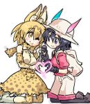  2girls animal_ears backpack bag black_hair black_legwear blonde_hair blue_eyes blush breasts bucket_hat elbow_gloves gloves hand_holding hat heart heart_hands heart_hands_duo kaban_(kemono_friends) kemono_friends kneeling looking_at_another medium_breasts microphone multiple_girls seki_(red_shine) serval_(kemono_friends) serval_ears serval_print serval_tail shoes short_hair shorts skirt small_breasts smile tail yellow_eyes yuri 