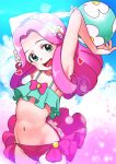  1girl :d arms_up ball beachball bikini bow cowboy_shot dated flower green_eyes hair_flower hair_ornament hanami_kotoha heart holding long_hair looking_at_viewer mahou_girls_precure! navel open_mouth pink_bow pink_hair precure rumo smile solo swimsuit 