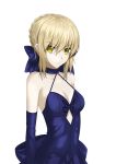  1girl artoria_pendragon_(all) blonde_hair blue_bow blue_dress blue_gloves bow breasts cleavage collarbone cutout dress elbow_gloves eyebrows_visible_through_hair fate/stay_night fate_(series) gloves green_eyes hair_between_eyes hair_bow hajikaji highres looking_at_viewer medium_breasts saber_alter short_hair_with_long_locks sidelocks simple_background sleeveless sleeveless_dress solo standing upper_body white_background 