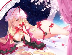  1girl bare_legs bare_shoulders black_bra black_panties blonde_hair bra breasts cleavage closed_mouth curtains detached_sleeves flower frilled_panties frilled_sleeves frills hat hat_ribbon large_breasts leg_ribbon lingerie long_hair looking_at_viewer lying mob_cap navel on_side panties red_ribbon ribbon roh_nam_kyung smile solo stomach touhou underwear very_long_hair white_hat yakumo_yukari yellow_eyes 