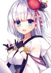  1girl :d azur_lane bangs black_gloves blush breasts eyebrows_visible_through_hair flower flute gloves hair_flower hair_ornament highres holding holding_instrument instrument long_hair long_sleeves looking_at_viewer medium_breasts mole mole_under_eye open_mouth partly_fingerless_gloves sash shoukaku_(azur_lane) smile solo tareme underbust upper_body wide_sleeves ytuorvi 