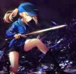  1girl ahoge artist_name artoria_pendragon_(all) baseball_cap black_footwear black_shorts blonde_hair blue_eyes blue_hat boots excalibur fate_(series) full_body glass_shards hat holding holding_sword holding_weapon jacket long_hair long_sleeves looking_at_viewer mysterious_heroine_x parted_lips ponytail reflection rin_yuu rojiura_satsuki:_chapter_heroine_sanctuary shorts sidelocks signature solo sword track_jacket twitter_username weapon 