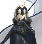  1girl ahoge armor armored_dress banner black_dress chains dress eyebrows_visible_through_hair fate/grand_order fate_(series) gauntlets hajikaji jeanne_d&#039;arc_(alter)_(fate) jeanne_d&#039;arc_(fate)_(all) long_hair looking_at_viewer silver_hair simple_background smile solo standing upper_body white_background yellow_eyes 