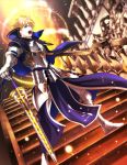  1boy armor armored_boots blonde_hair blue_eyes boots capelet dutch_angle fate/prototype fate_(series) full_body holding holding_sword holding_weapon kata4859 open_mouth saber_(fate/prototype) solo stairs standing sword weapon 