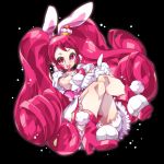  1girl :d animal_ears black_background bloomers cake_hair_ornament choker cure_whip dress food_themed_hair_ornament gloves hair_ornament kirakira_precure_a_la_mode long_hair looking_at_viewer magical_girl ninomae open_mouth pink_eyes pink_footwear pink_hair pink_neckwear precure rabbit_ears shoes simple_background smile solo twintails underwear usami_ichika white_gloves 