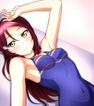  1girl blush breasts erect_nipples hair_ornament hairclip highres kenken long_hair looking_at_viewer love_live! love_live!_sunshine!! lying medium_breasts on_back one-piece_swimsuit redhead sakurauchi_riko smile solo swimsuit yellow_eyes 