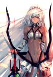  &gt;:) 1girl altera_(fate) bangs bare_shoulders black_panties breasts closed_mouth collarbone cowboy_shot dark_skin detached_sleeves fate/extella fate/extra fate_(series) highres kaze_minoru_so-ru looking_at_viewer midriff navel panties red_eyes small_breasts smile solo stomach tsurime underwear v-shaped_eyebrows veil white_hair 