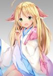  1girl :d ahoge animal_ears bangs blonde_hair blush character_request ears_down fang fox_ears fox_shadow_puppet green_eyes grey_background hand_up head_tilt highres huyao_xiao_hongniang japanese_clothes kimono long_sleeves looking_at_viewer multicolored multicolored_clothes multicolored_kimono open_mouth simple_background smile solo tamakinoki wide_sleeves 