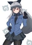  1girl absurdres animal_ears black_bow black_neckwear blue_jacket bow bowtie buttons cowboy_shot fox_ears fox_tail fur-trimmed_sleeves fur_trim hand_on_hip hand_up highres jacket japari_symbol kemono_friends long_hair looking_at_viewer necktie pantyhose pleated_skirt red_eyes rosehip_t72 silver_fox_(kemono_friends) silver_hair skirt smile solo tail white_background 