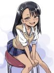  1girl 774_(nanashi) black_hair blush brown_eyes collarbone commentary_request cowboy_shot dark_skin ear_piercing fang hair_ornament hairpin half-closed_eyes ijiranaide_nagatoro-san leaning_forward long_hair looking_at_viewer nagatoro open_mouth piercing shirt sitting skirt sleeves_rolled_up smile solo stool sweater_vest white_shirt 